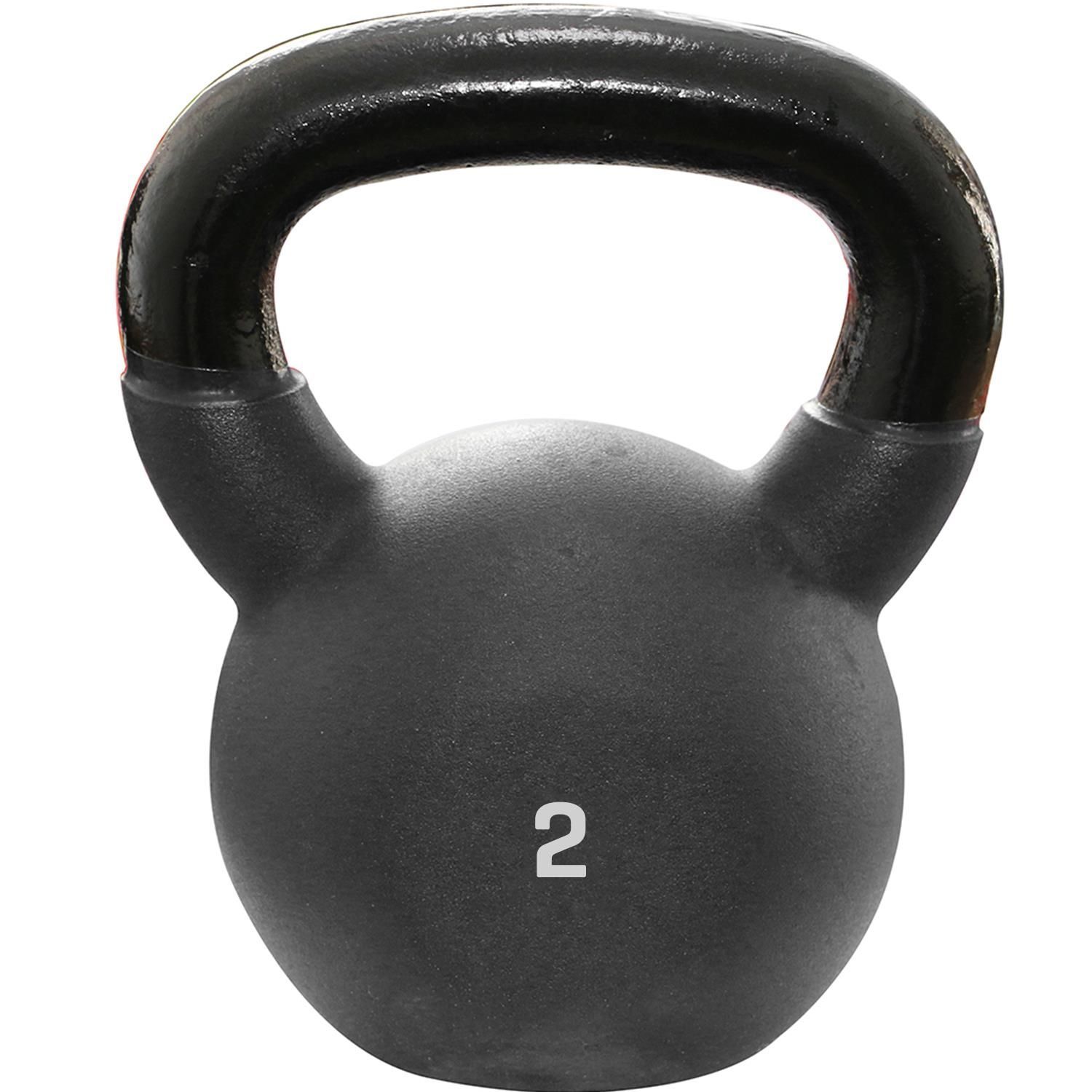 Schwarze Kettlebell mit schwarzem Griff. Auf der Kugel ist die Zahl 2 in Weiß abgebildet.