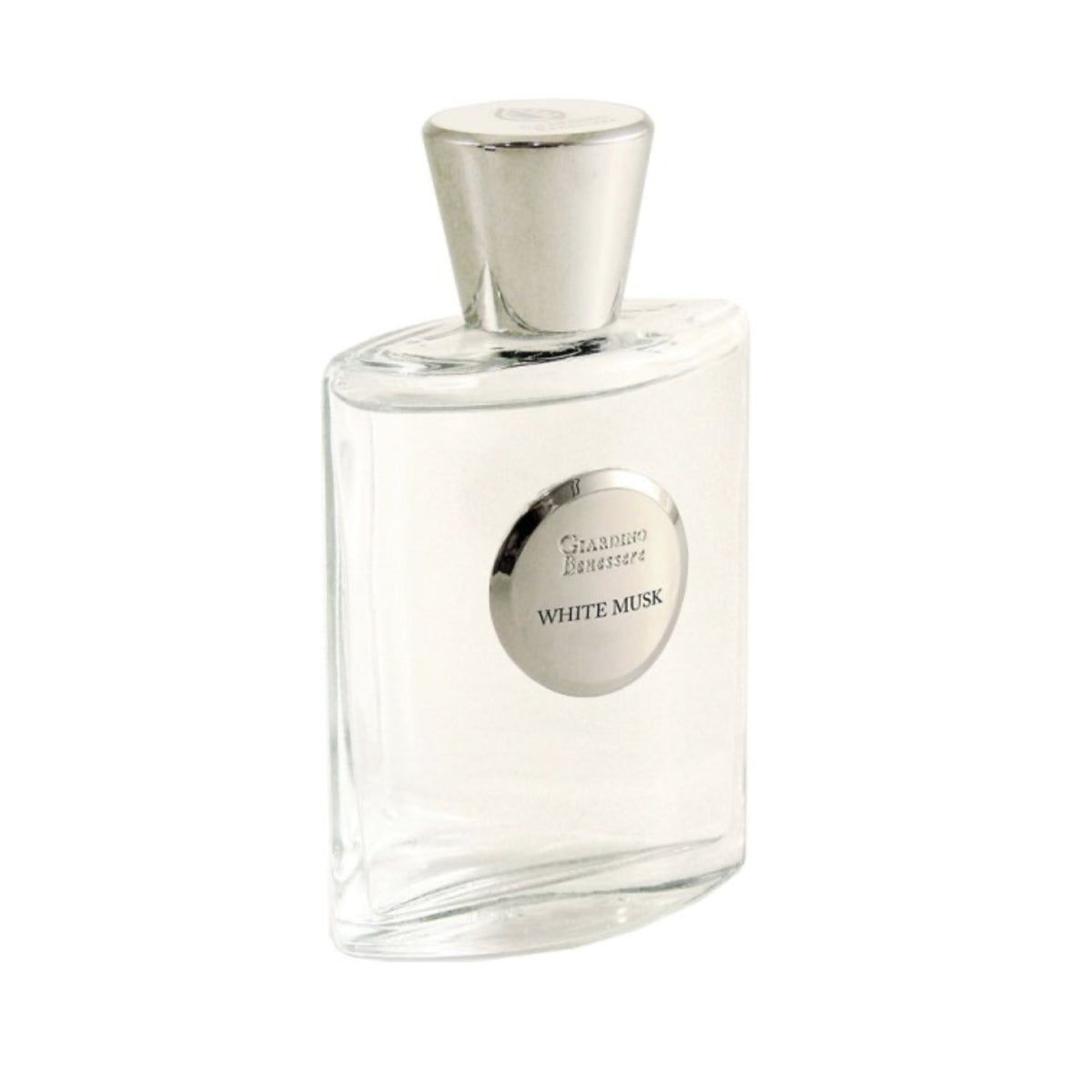 Klarer Flakon mit silbernem Verschluss. Aufkleber mit "White Musk".
