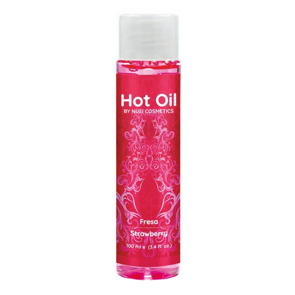 Rote Flasche mit weißem Deckel. Aufschrift: Hot Oil, NUEI cosmetics, Fresa Strawberry. 100 ml.