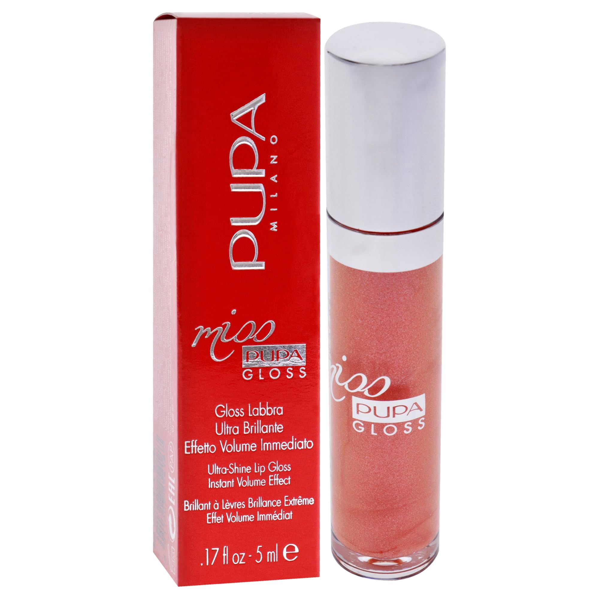 Pupa Milano Miss Pupa Gloss Lippenstift in roter Verpackung, mit silbernem Deckel und rosa Glanz.