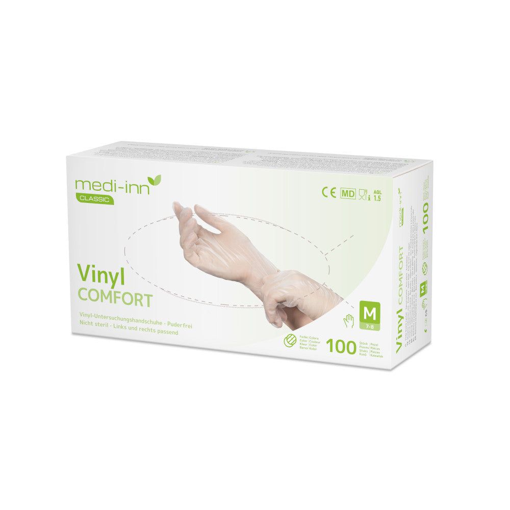 Weiße Verpackung mit Produktabbildung. Aufdruck: Vinyl Comfort, Größe M, 100 Stück. Marke: medi-inn.