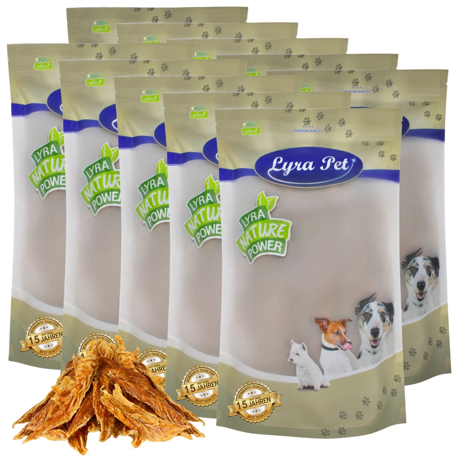 Mehrere Packungen Lyra Pet Hühnerbrustfilet, mit Hundeabbildungen und Siegel.