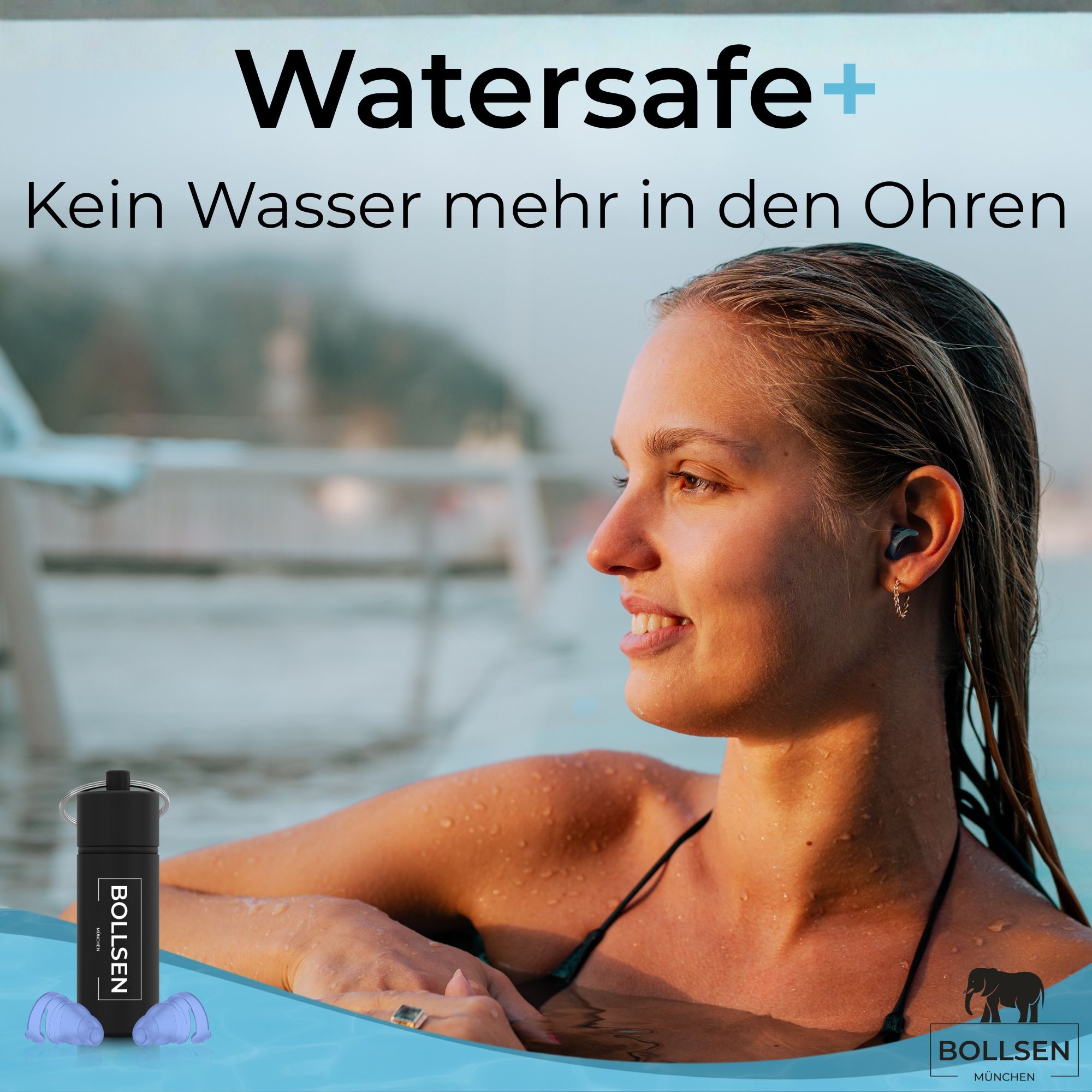 Frau mit BOLLSEN Watersafe+ Ohrstöpseln im Wasser, Aufbewahrungsdose sichtbar.