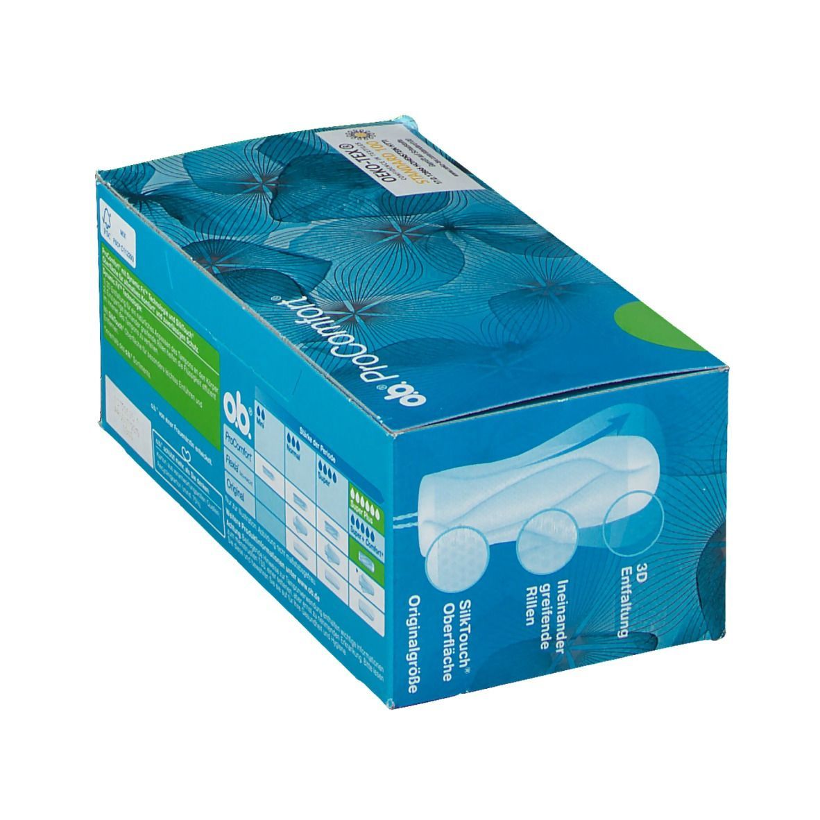 Blau-grüne Schachtel mit o.b. ProComfort Tampons. Auf der Seite Informationen zur Saugstärke und eine Abbildung des Tampons. Öko-Tex-Siegel.
