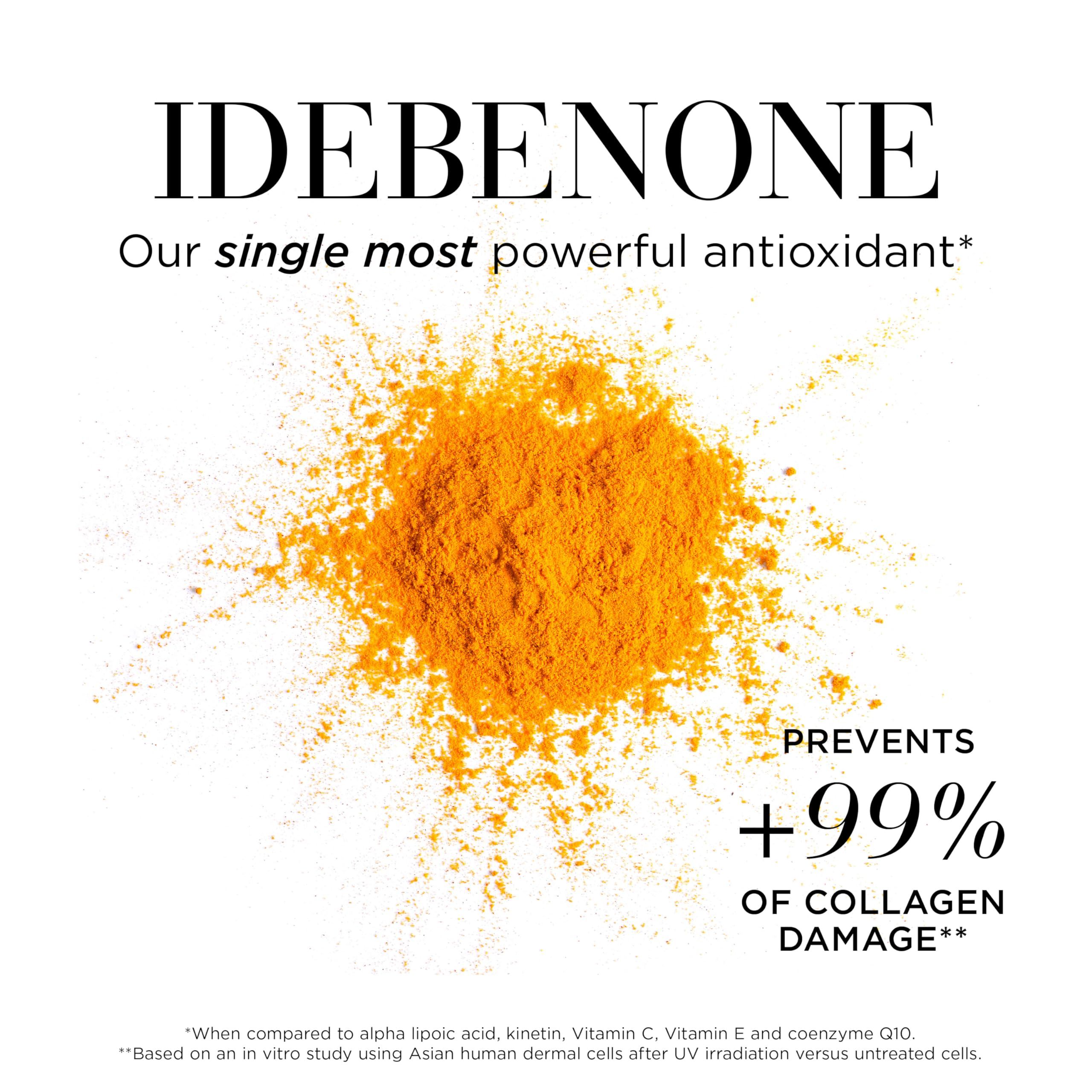 Gelbes Pulver. Text: IDEBENONE. Our single most powerful antioxidant. Prävention von Kollagenschäden.
