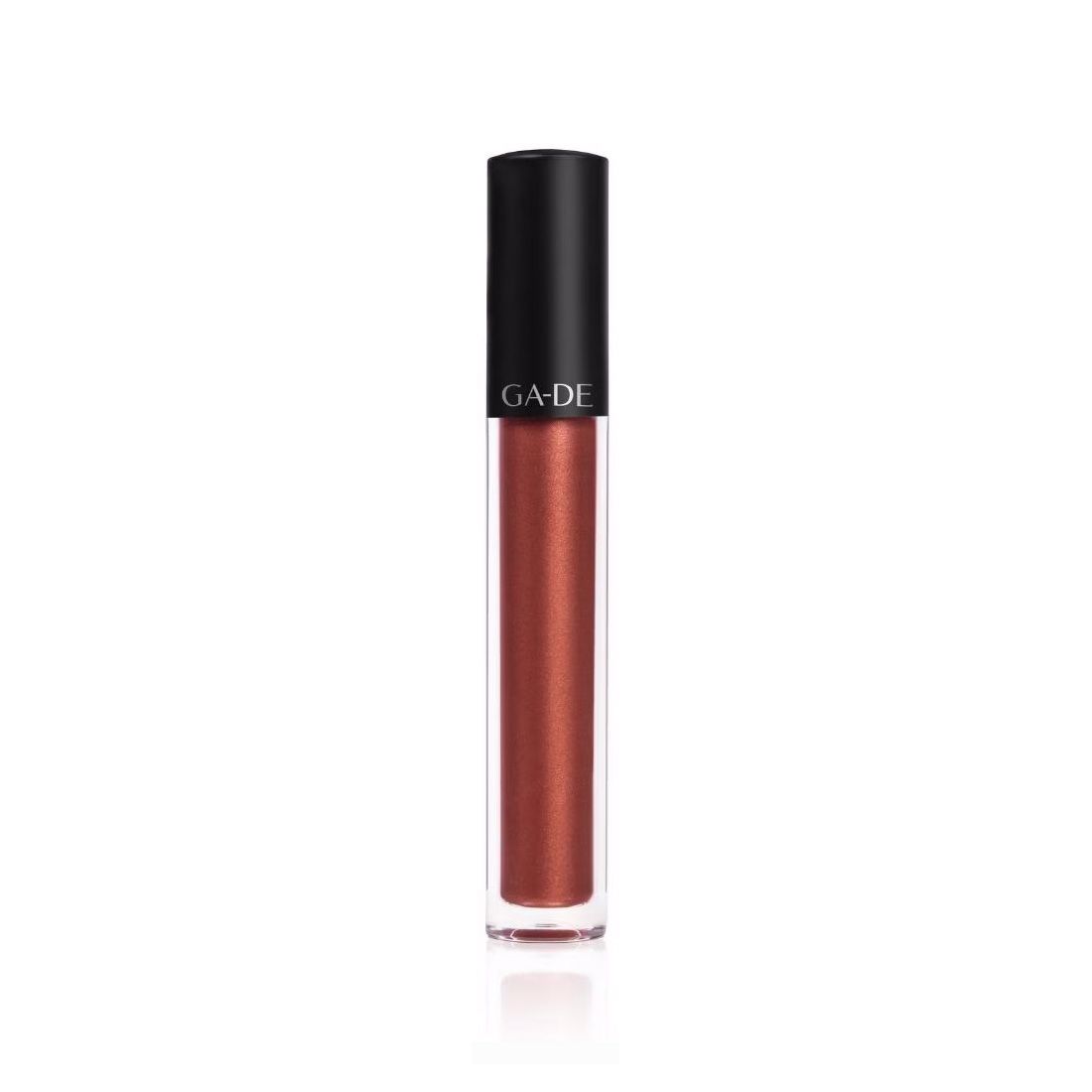 Ga-De Velveteen Matte Lipcolor. Flasche mit schwarzem Deckel und Schriftzug. Inhalt in Rostbraun.