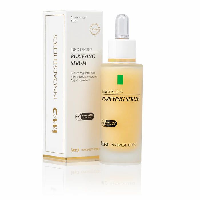 Serumflasche und Verpackung. Aufschrift: INNO-EPIGEN PURIFYING SERUM. Mit Pipette und grünem Quadrat. Weißer Hintergrund.