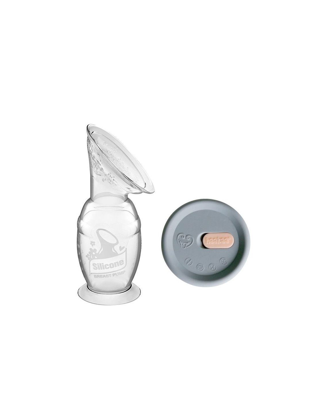 Transparente Silikon-Muttermilchpumpe mit grauem Deckel. Auf dem Pumpenkörper steht "Silicone Breast Pump".