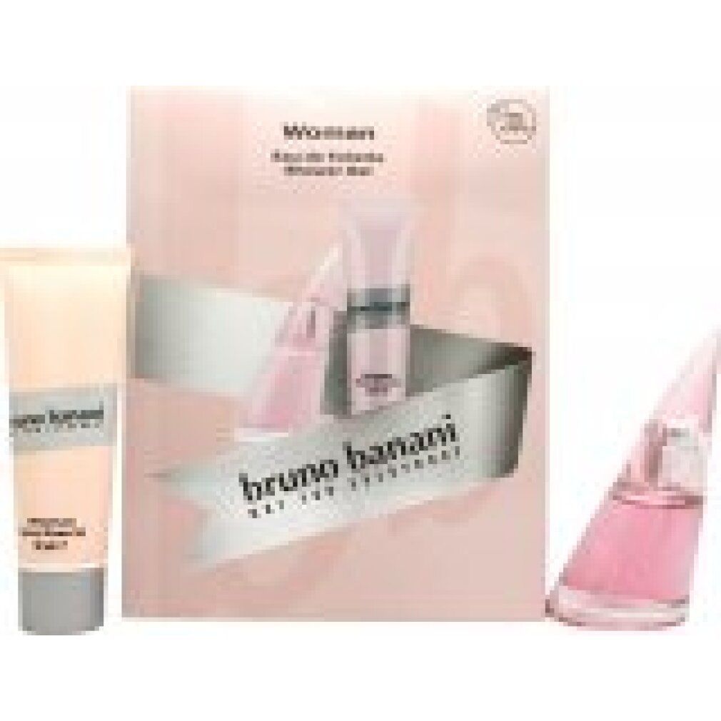 Geschenkset Bruno Banani Woman. Rosa Verpackung mit Flakon, Duschgel und Eau de Toilette. Silbernes Band mit Schriftzug.