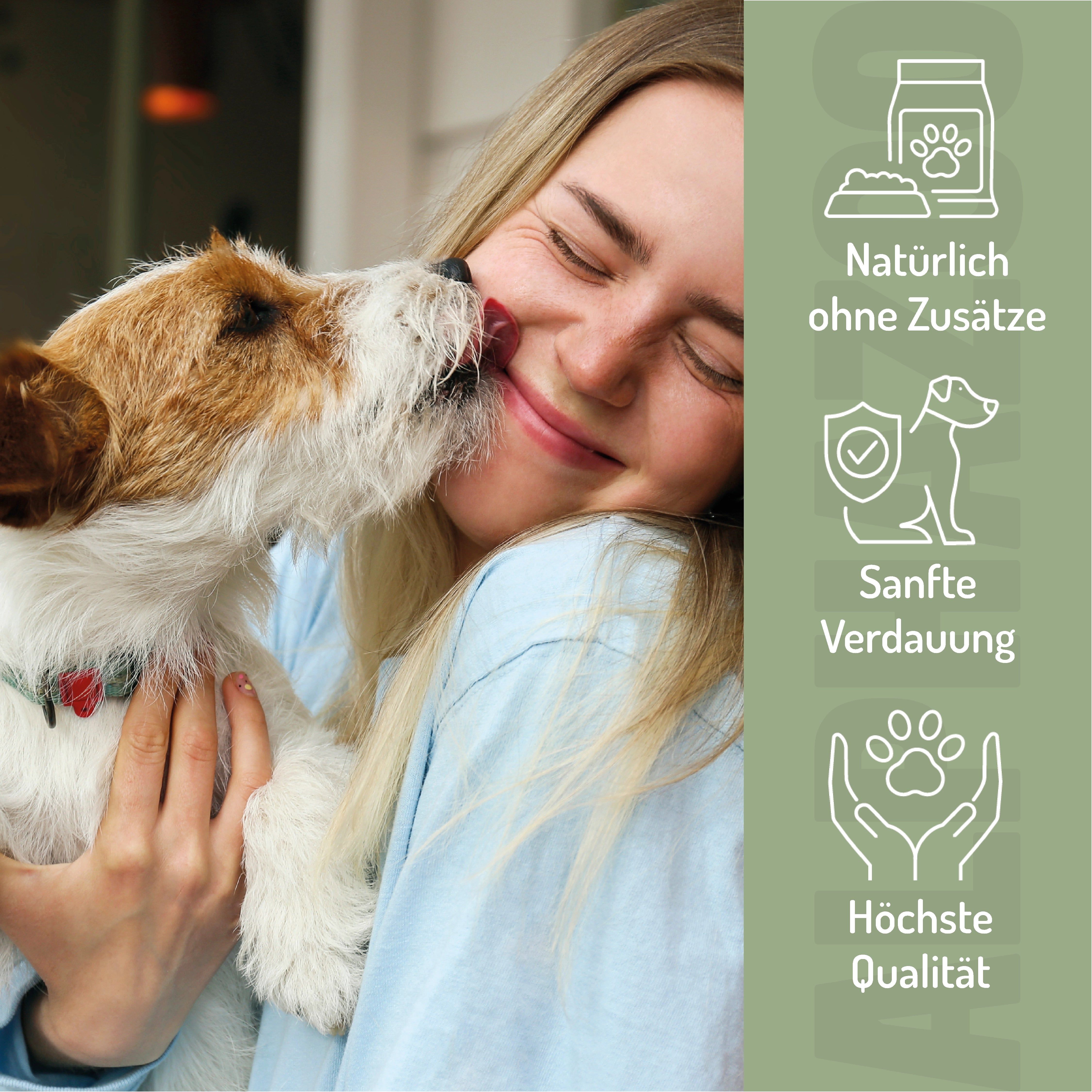 Frau und Hund. Text: Natürlich ohne Zusätze, Sanfte Verdauung, Höchste Qualität.