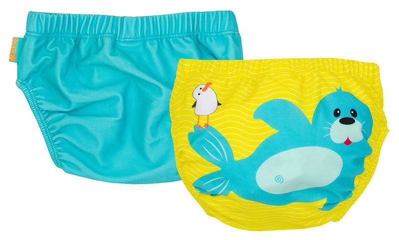 Zwei Baby-Badehosen. Eine türkis, eine gelb mit Robben-Motiv. Elastischer Bund. Auf einer Hose ist ein Pinguin abgebildet.