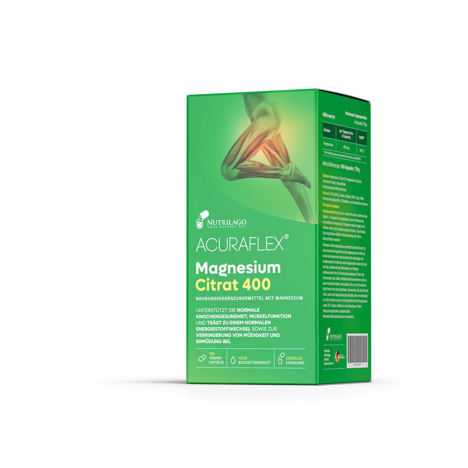 Grüne Schachtel mit ACURAFLEX Magnesium Citrat 400. Produktname und Informationen sind deutlich sichtbar. Logo von Nutrilago.