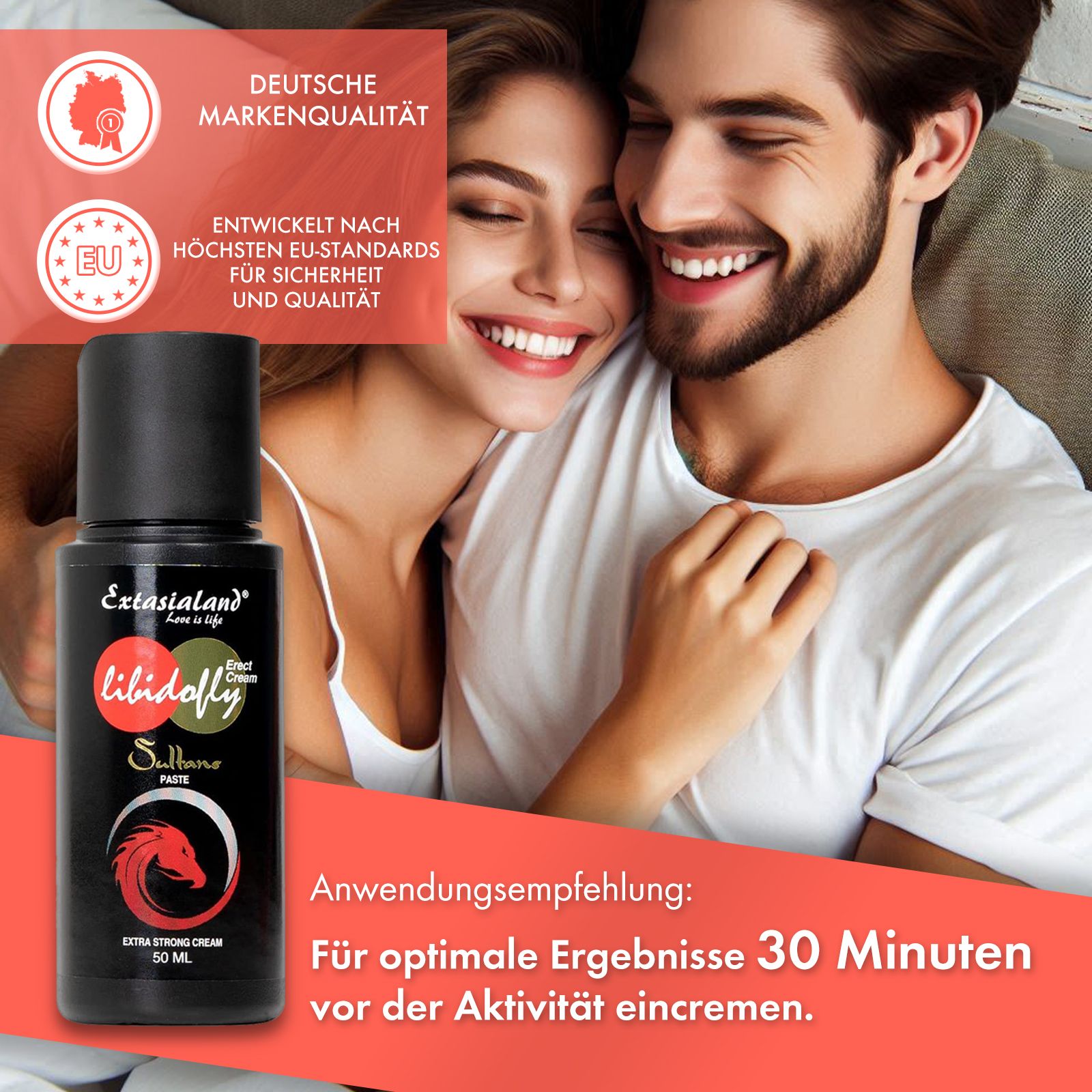 Schwarze Flasche mit rotem Etikett. Text: Libidofly Sultans Paste. Marke Extasialand. Paar im Bett.