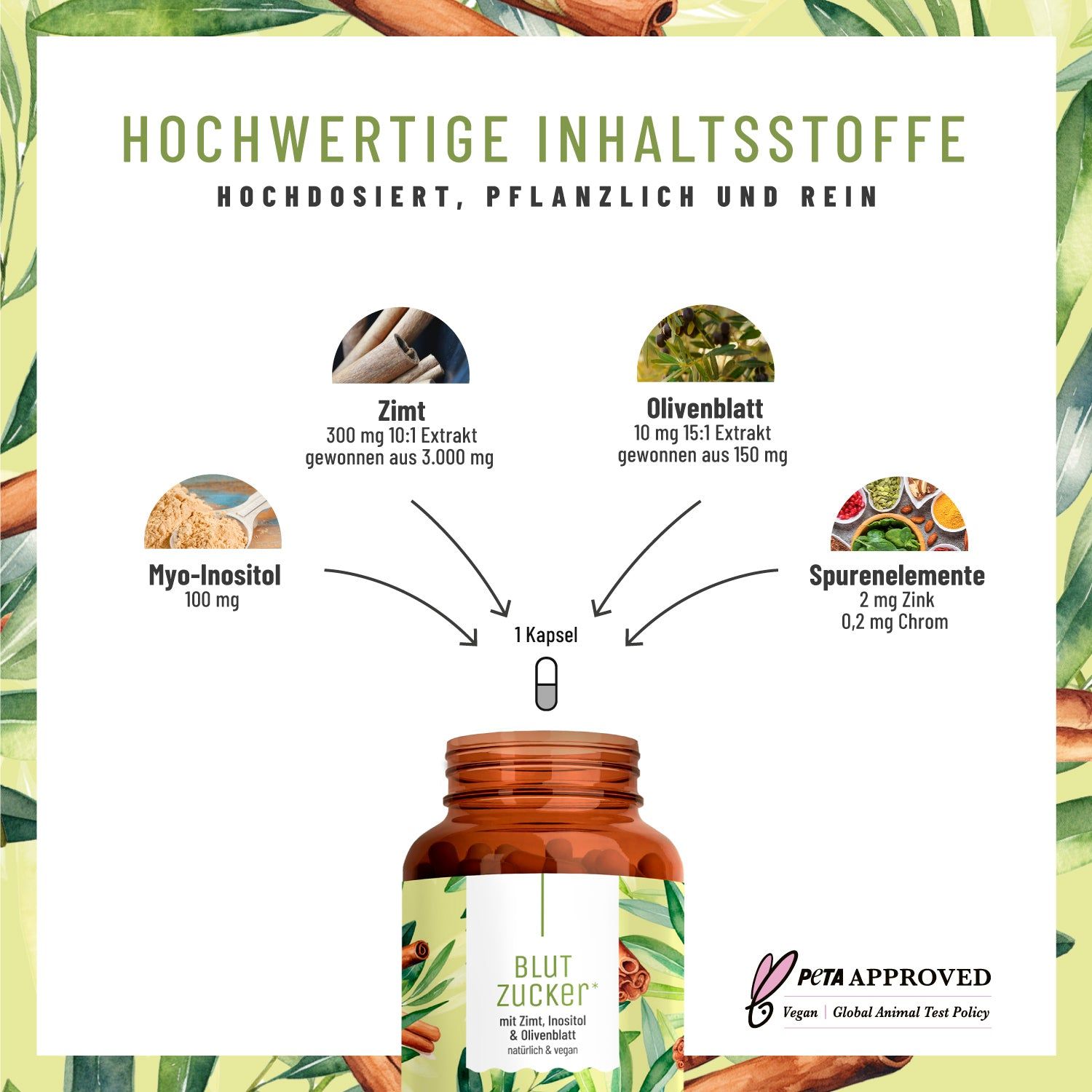 Blutzucker - Komplex mit Zimt, Inositol & Olivenblatt - NATURTREU®