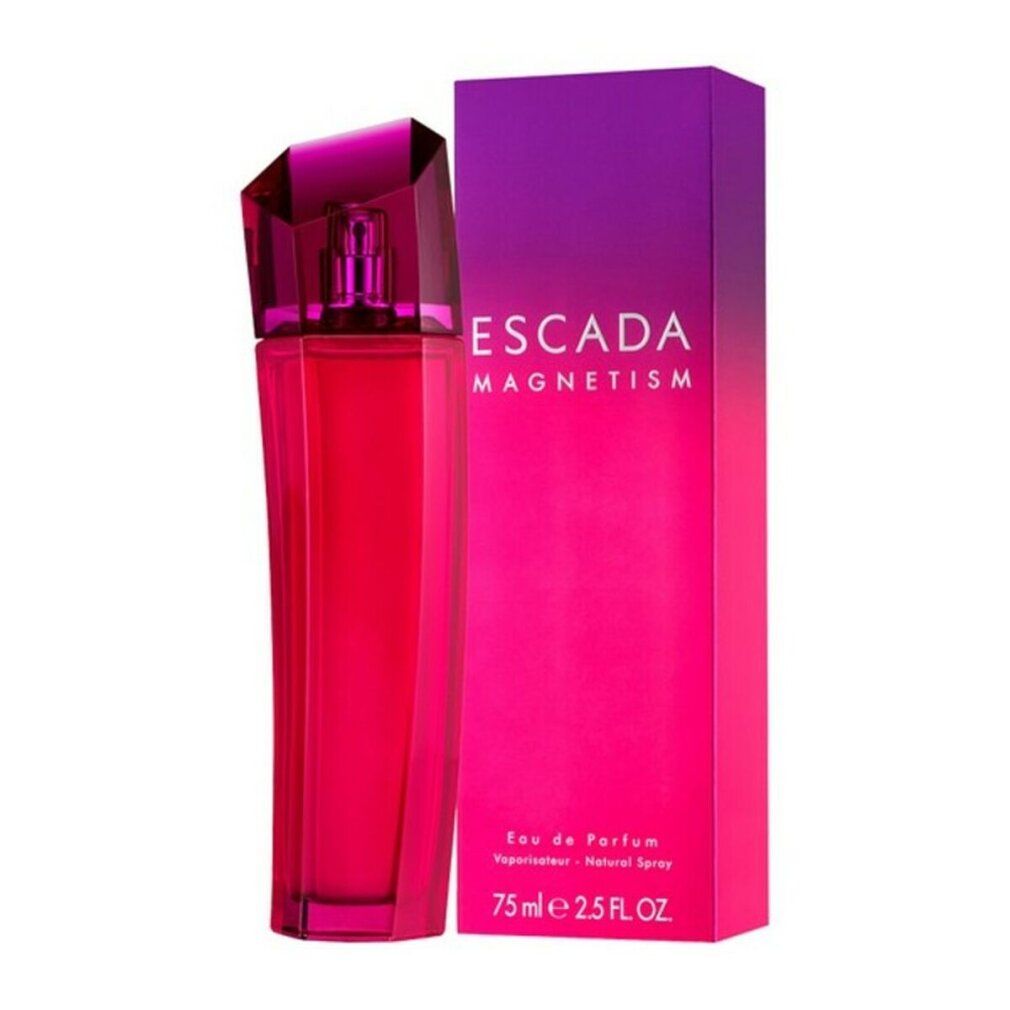 Escada Magnetism Eau de Parfum Spray. Flakon und Verpackung in Pink-Violett-Tönen. 75 ml.