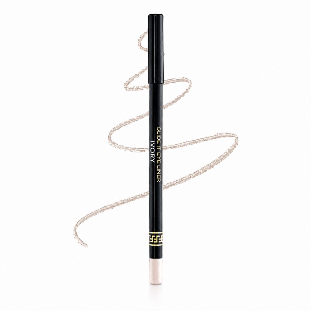 Schwarzer Kajalstift mit der Aufschrift 'GLIDE IT EYE LINER IVORY'. Helle, cremefarbene Linie daneben.
