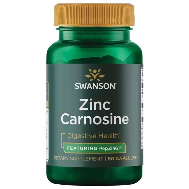 Grüne Flasche mit gelbem Deckel. Aufschrift: SWANSON, Zink Carnosin, Digestive Health, PepZinGI, 60 Kapseln.