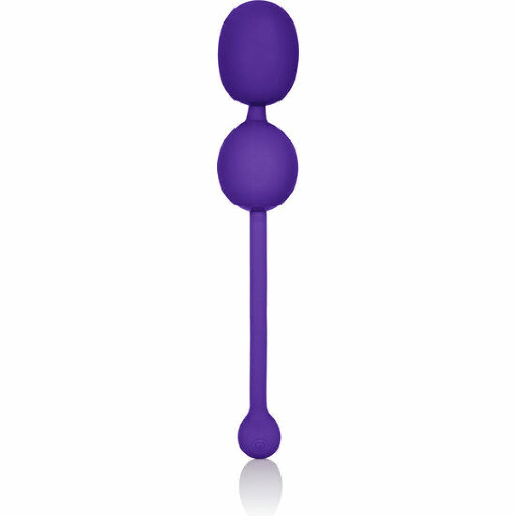Lila Kegel-Doppelkugel. Besteht aus zwei Kugeln und einem Verbindungsstück. Weißer Hintergrund.