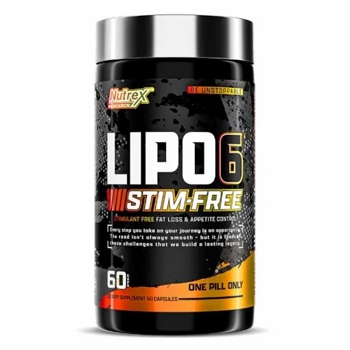 Schwarze Dose mit silbernem Deckel. Aufschrift: LIPO-6 STIM-FREE, 60 Kapseln. Marke: Nutrex. Text: ONE PILL ONLY.