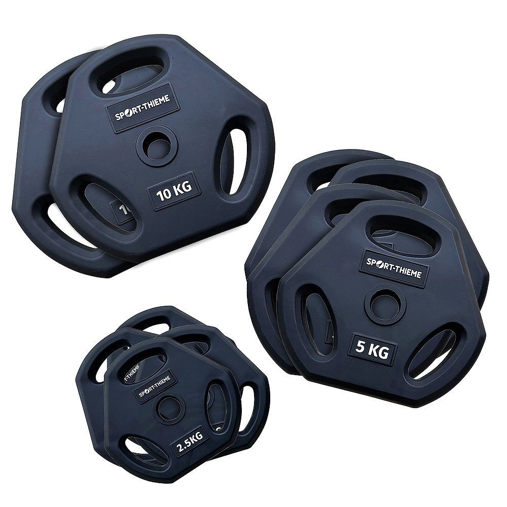 Mehrere schwarze Hantelscheiben. Auf jeder Scheibe steht "SPORT-THIEME" und das Gewicht: 2,5 kg, 5 kg oder 10 kg.