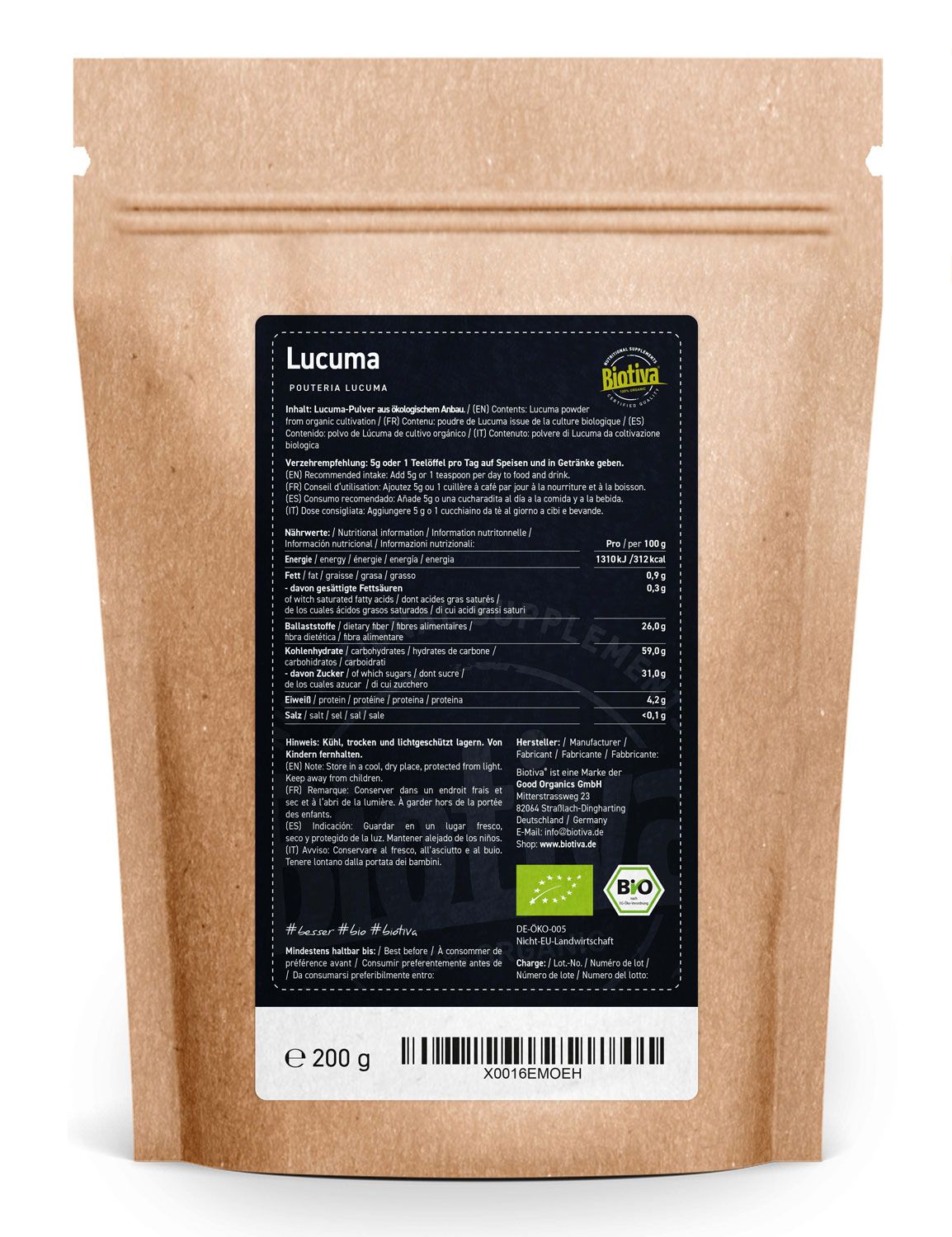Rückseite der Papiertüte mit Nährwertangaben, Zutatenliste, Bio-Siegel und Barcode. 200g.