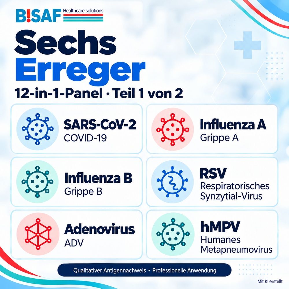 BISAF 12-in-1 Panel: Erregerübersicht Teil 1. COVID-19, Influenza A/B, RSV, Adenovirus, hMPV.