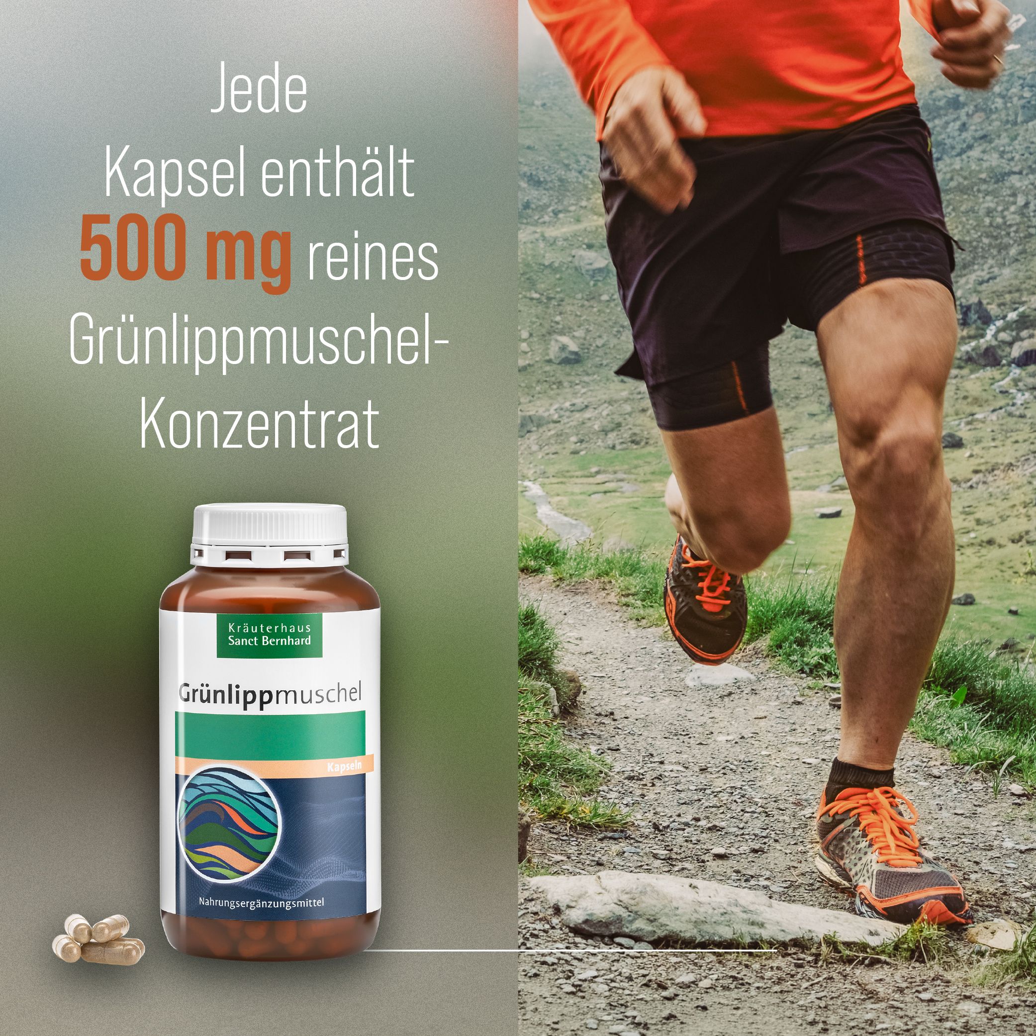 Produktflasche mit Kapseln und Läufer. Flasche mit weißem Deckel, braune Kapseln, Läufer in Sportkleidung.