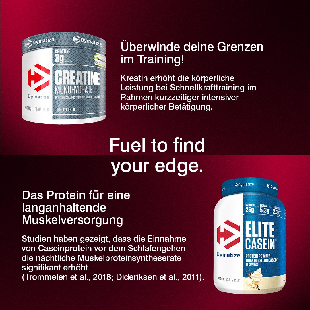Dymatize Elite Casein Protein Dose, 25g Protein, 5.3g BCAAs, 2.3g Zucker. Dymatize Creatine Monohydrate Dose.