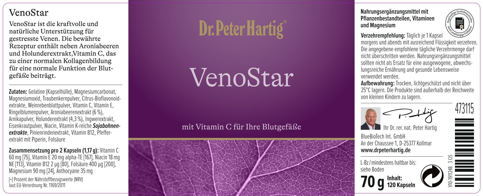 Etikett von VenoStar. Enthält Informationen zu Inhaltsstoffen, Dosierung und Hersteller. Mit Blattmuster.