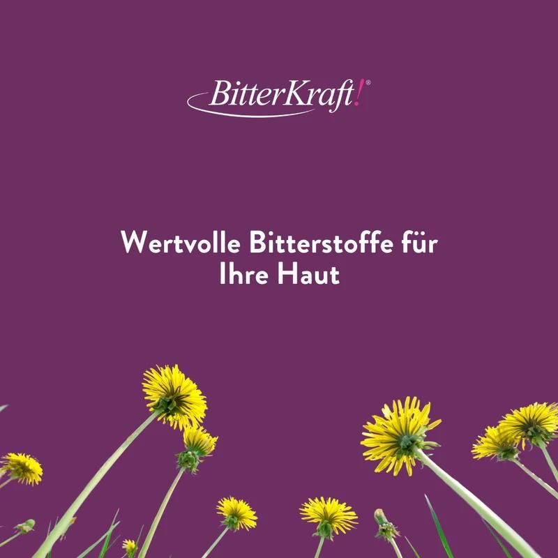 Lila Hintergrund mit Text: Wertvolle Bitterstoffe für Ihre Haut. Gelbe Löwenzahnblüten am unteren Rand.