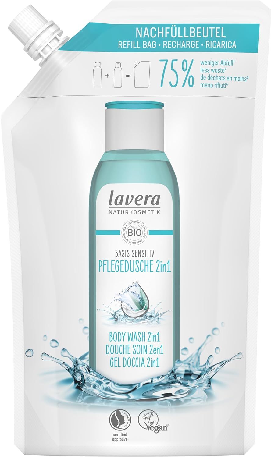 Lavera Basis Sensitiv Pflegedusche 2in1 in Nachfüllbeutel. Produkt mit Wasser-Effekt. Text: Body Wash, Douche Soin, Gel Doccia.