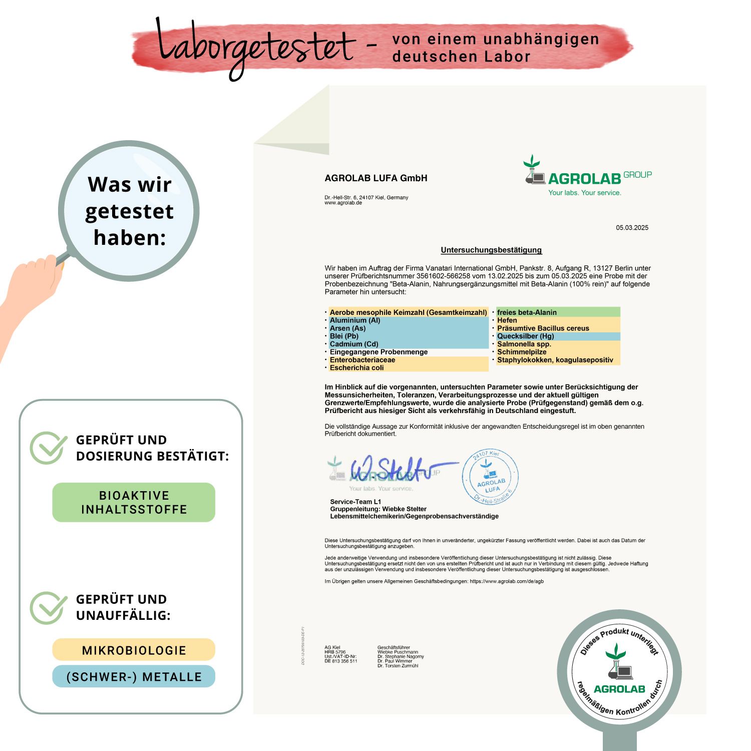 Laborbericht. Text und Logos von AGROLAB LUFA GmbH. Bestätigung von Bioaktiven Inhaltsstoffen und Mikrobiologie.