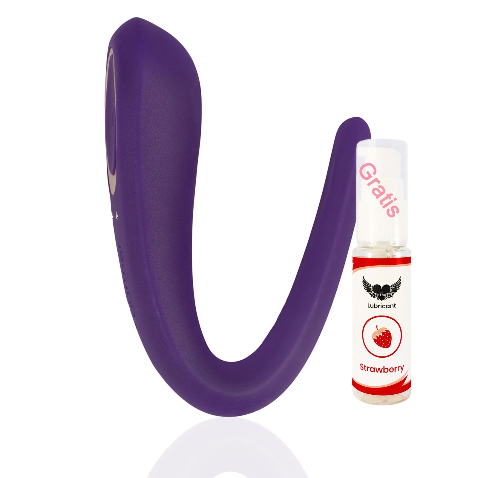 Lila Partner Vibrator mit Erdbeer-Gleitmittel. Flasche mit Aufschrift "Gratis".