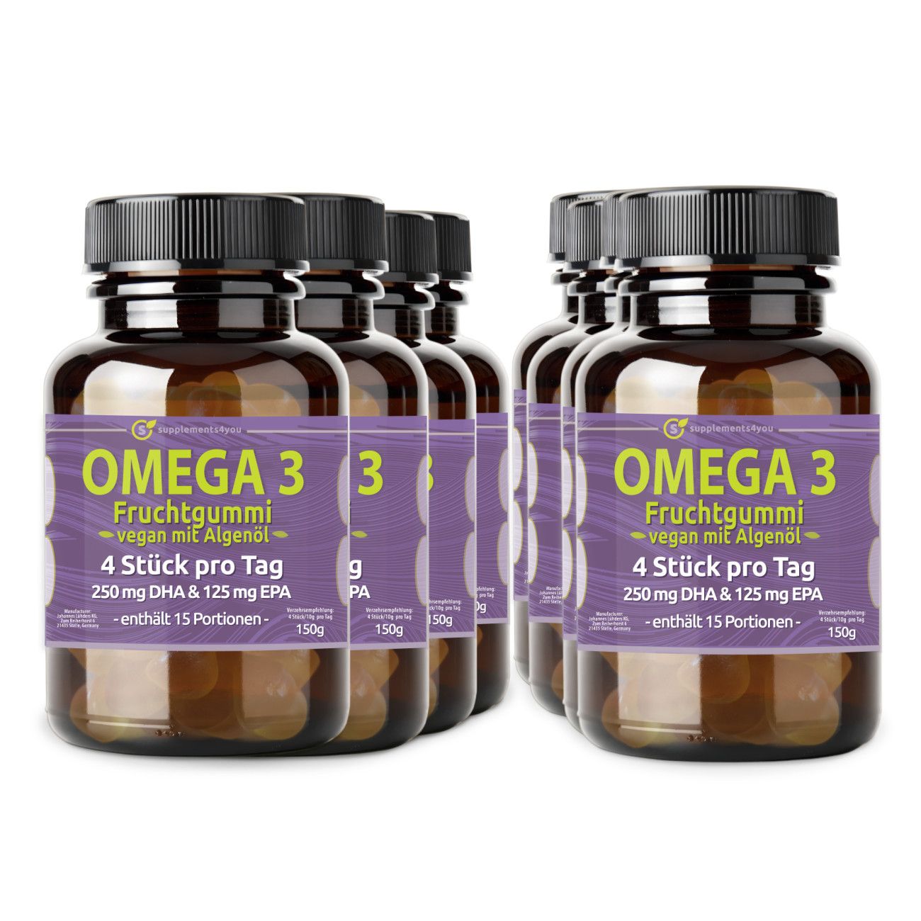 Mehrere Flaschen Lühders Omega 3 Fruchtgummi. Auf den Etiketten steht "Omega 3 Fruchtgummi", "4 Stück pro Tag", und "vegan mit Algenöl".