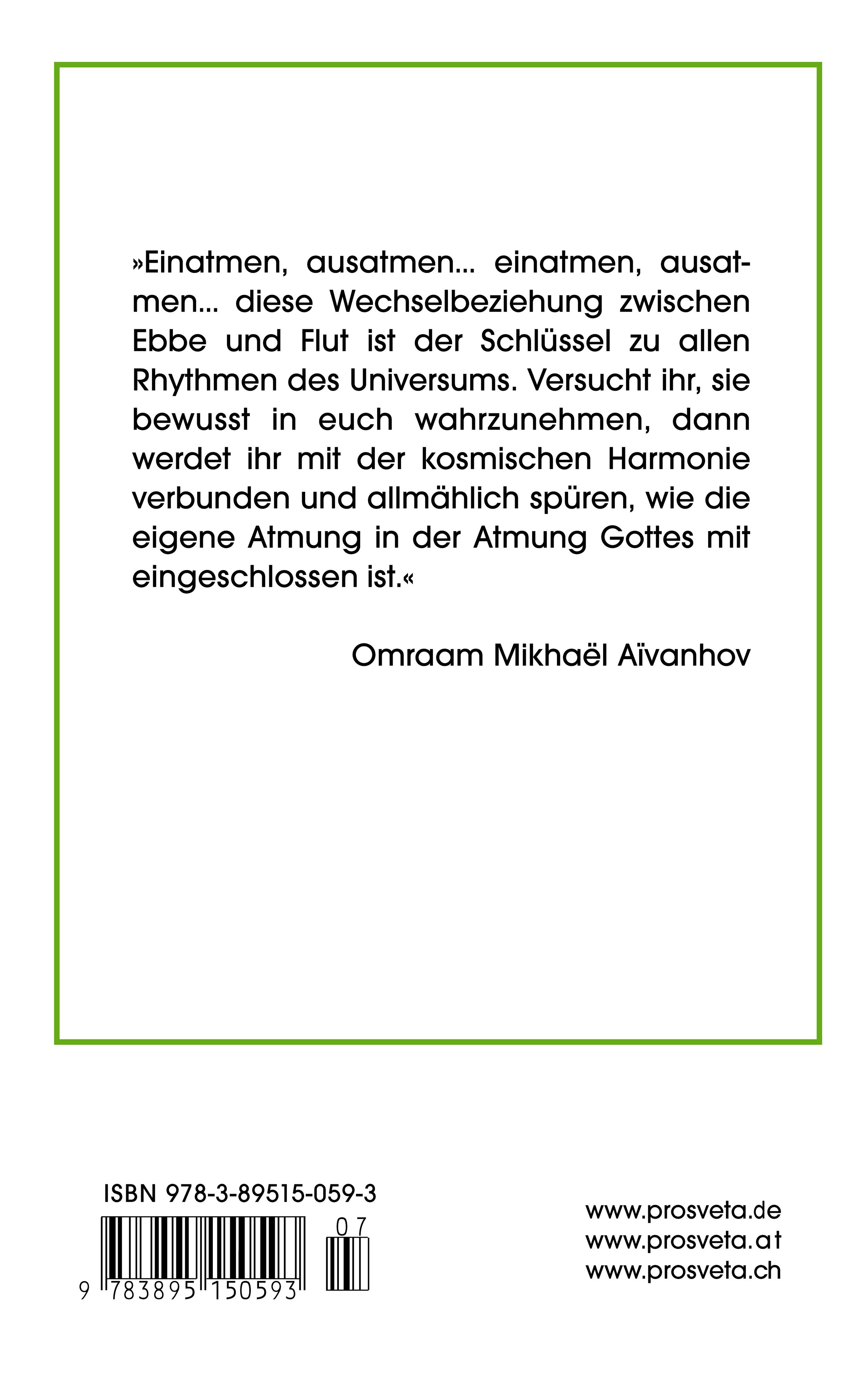 Rückseite eines Buches. Text über Atmung und kosmische Harmonie. Autor: Omraam Mikhaël Aïvanhov. ISBN-Nummer und Verlagslogo unten.