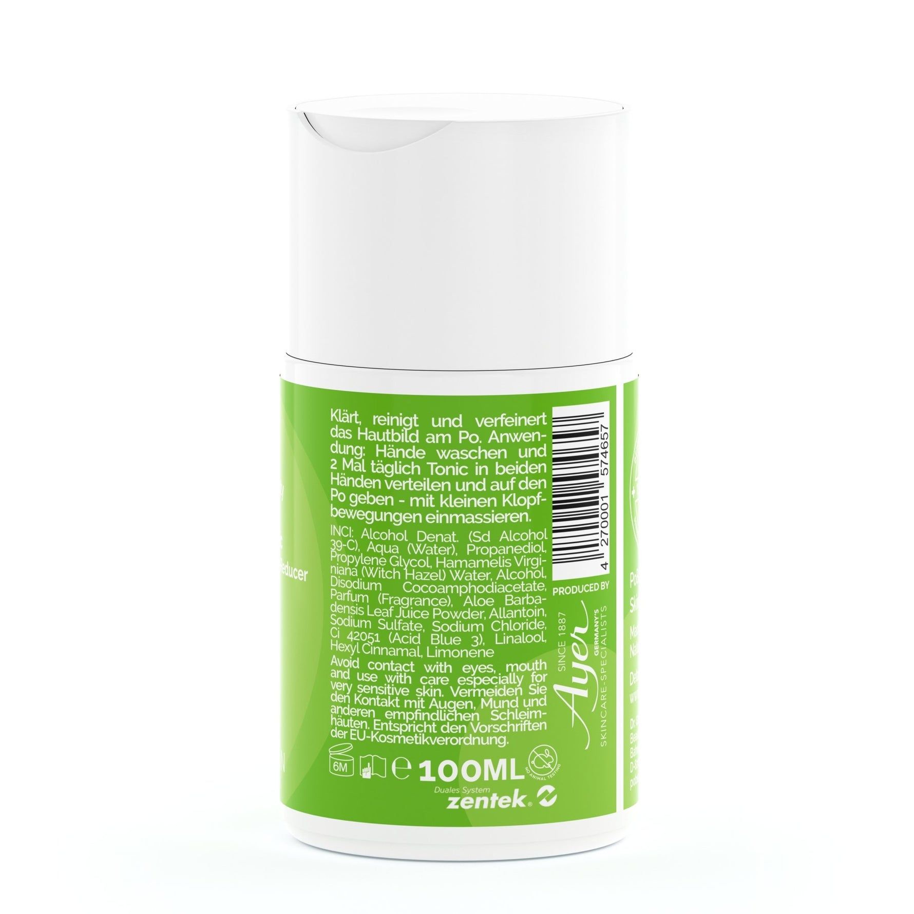 Weißer Zylinder mit grünem Etikett. Aufschrift: 100ml, Inhaltsstoffe, Ayer, zentek.