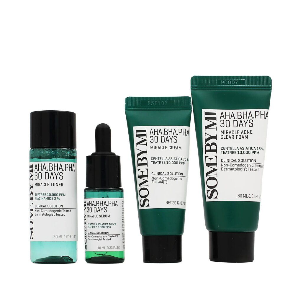 Some By Mi AHA-BHA-PHA 30 Days Miracle AC SOS Set: Miracle Cream, Miracle Serum, Miracle Toner, Miracle Acne Clear Foam.