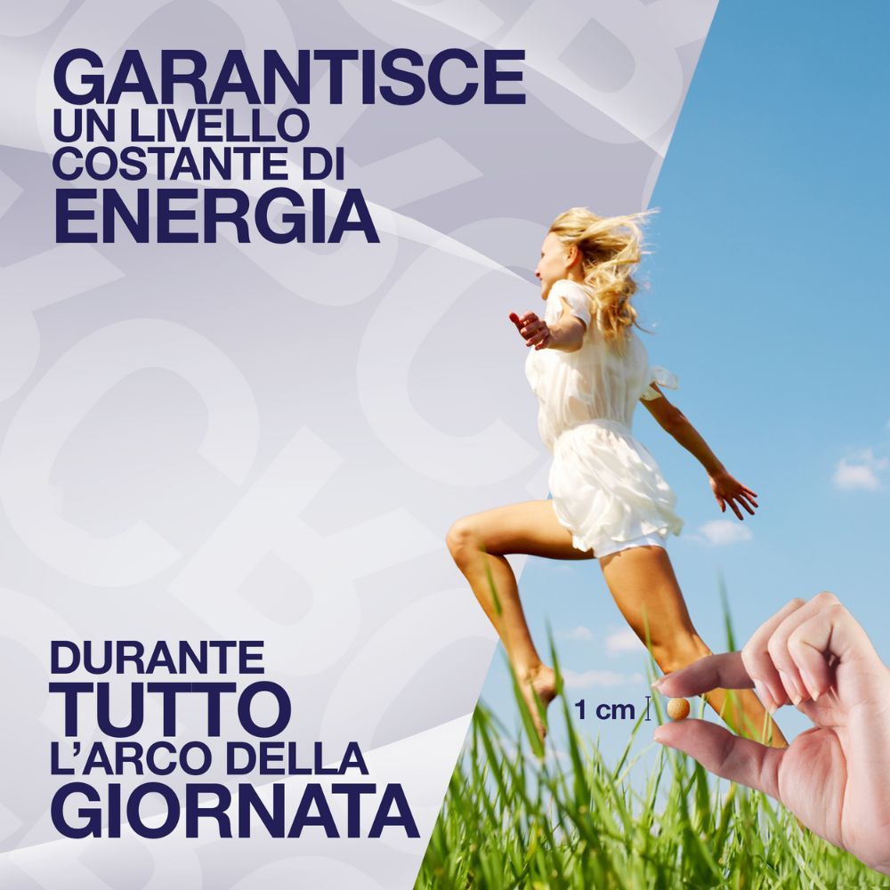 Donna che salta. Testo: 'GARANTISCE UN LIVELLO COSTANTE DI ENERGIA', 'DURANTE TUTTO L'ARCO DELLA GIORNATA'.