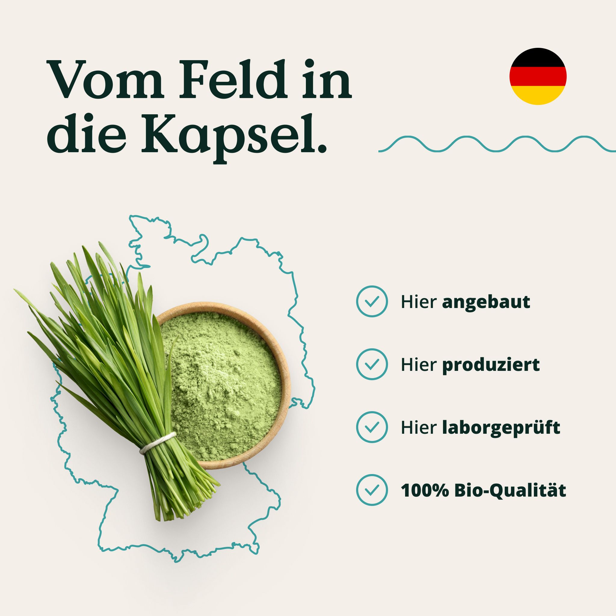 Bündel Gerstengras und Pulver in Schale. Aufschrift: 100% Bio-Qualität. Hergestellt in Deutschland. Logo: NATURE LOVE®.