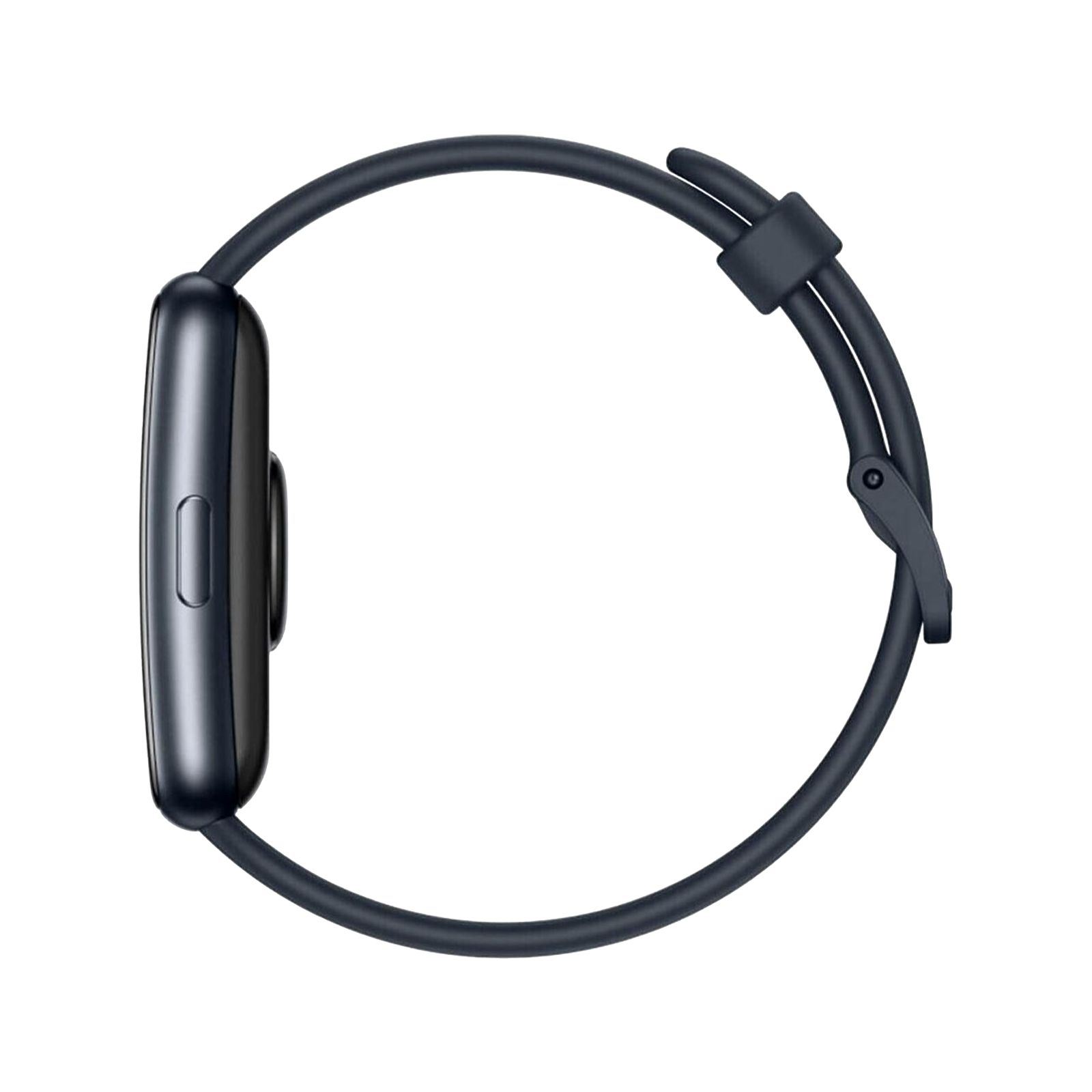 Fitness-Tracker, Seitenansicht. Dunkelblaues Armband. Rechteckiges Gehäuse.