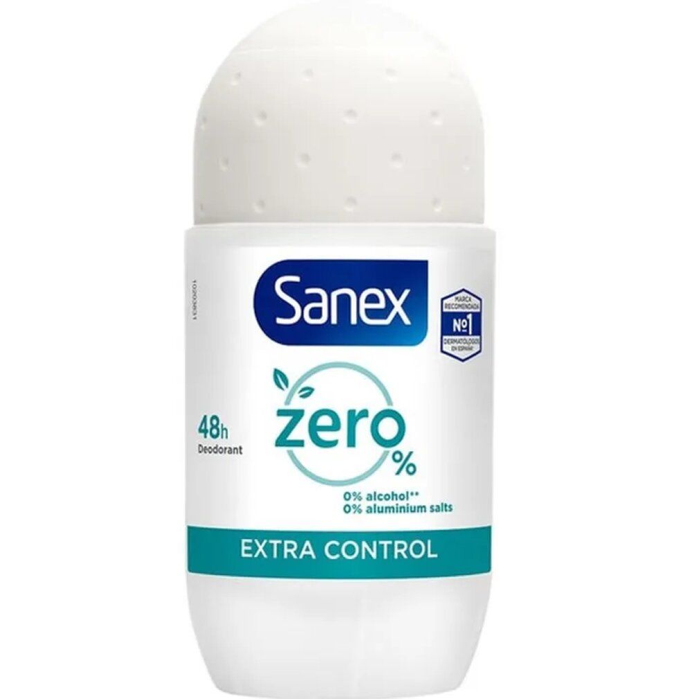 Weißer Roll-on-Deo mit weißem Deckel. Aufschrift: Sanex Zero Extra Control. Grün-weiße Beschriftung. 0% Alkohol, 0% Aluminiumsalze.
