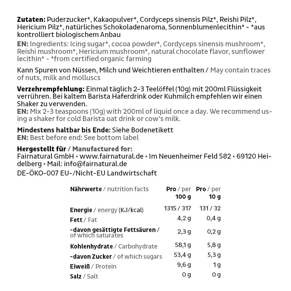 Rückseite einer FAIRNATURAL Dose mit Zutaten- und Nährwertangaben.