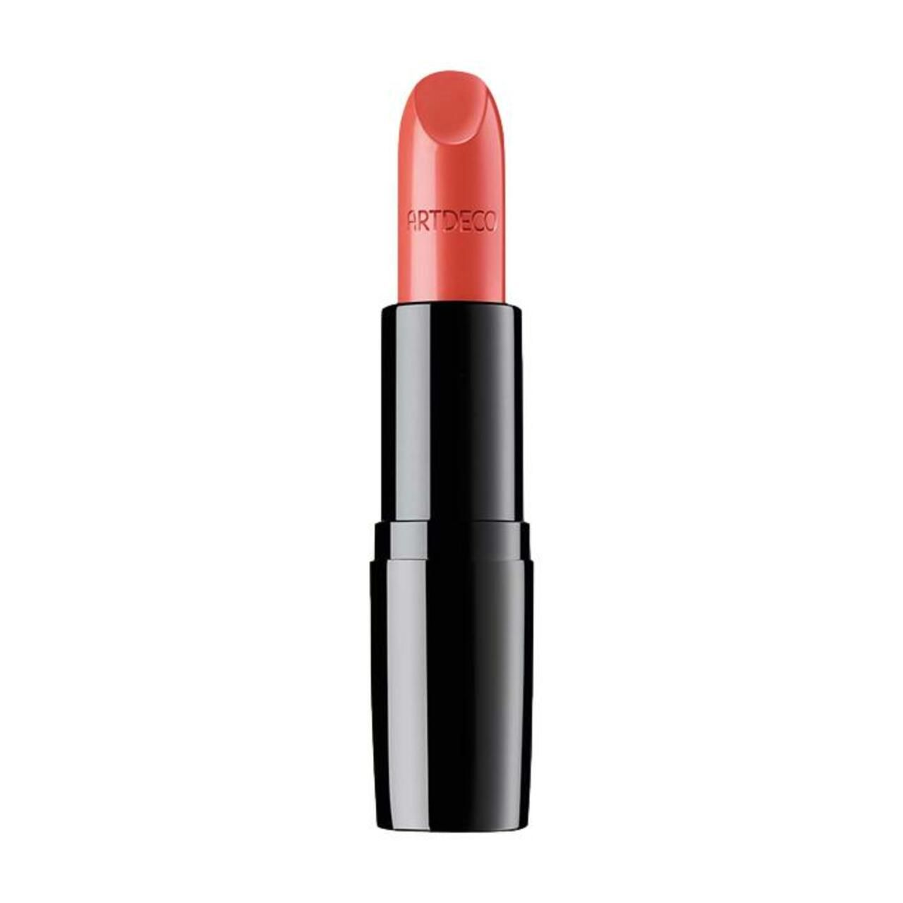 Artdeco Perfect Color Lippenstift, geöffnet. Schwarze Hülse, rosafarbener Lippenstift. Artdeco-Schriftzug.