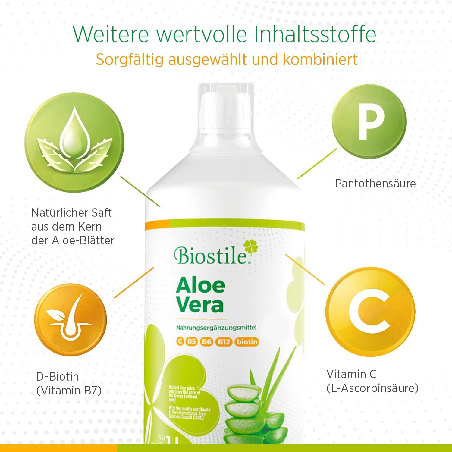 Biostile Aloe Vera Saftflasche mit Vitamin C, Pantothensäure, Vitamin B6, Biotin und Vitamin B12