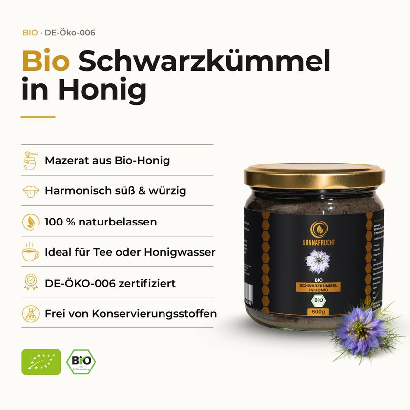 SUNNAFRUCHT® BIO Schwarzkümmel in Honig: Mazerat, 100% naturbelassen, DE-ÖKO-006 zertifiziert.