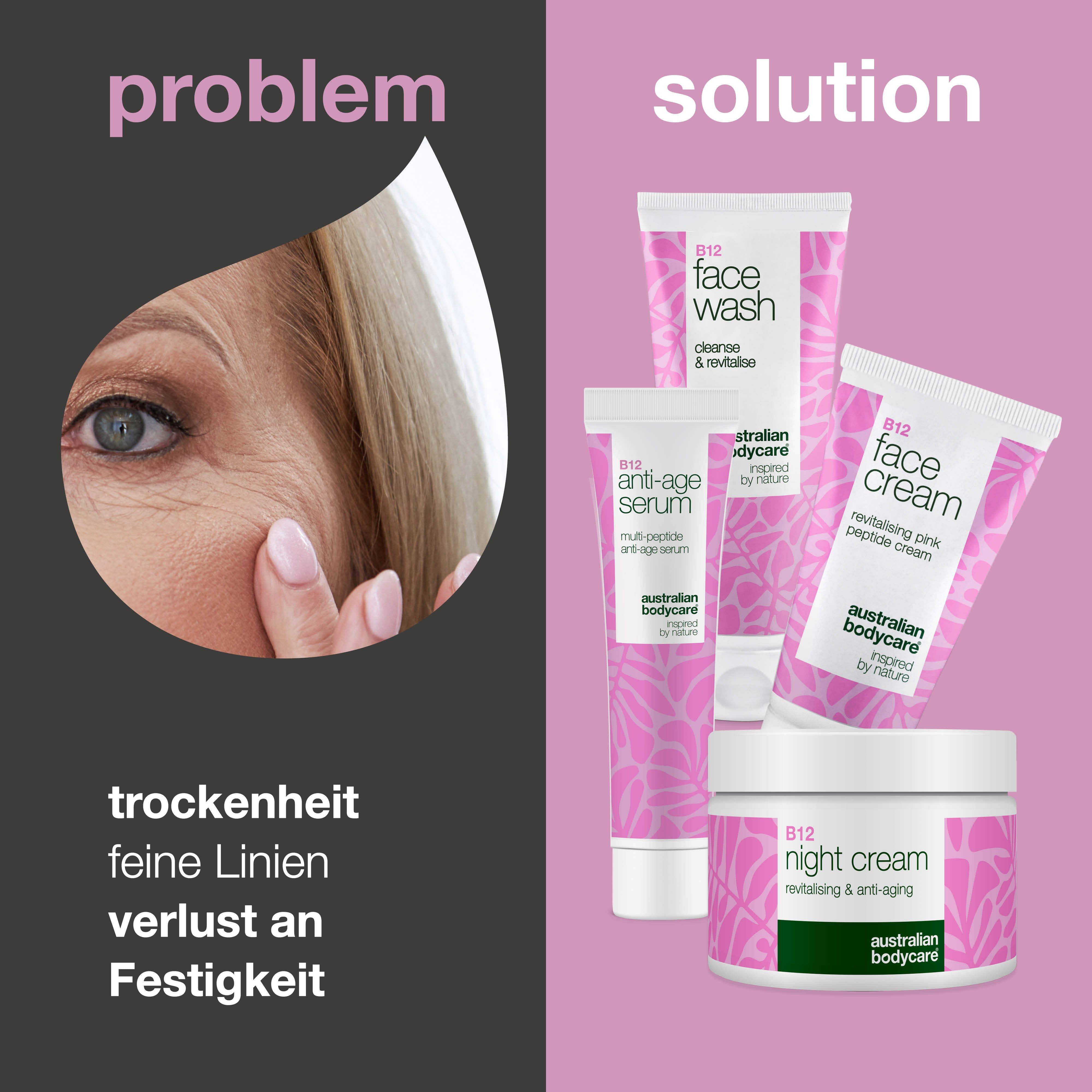 Problem: Trockenheit, feine Linien, Festigkeitsverlust. Lösung: Produkte mit rosa Verpackung.