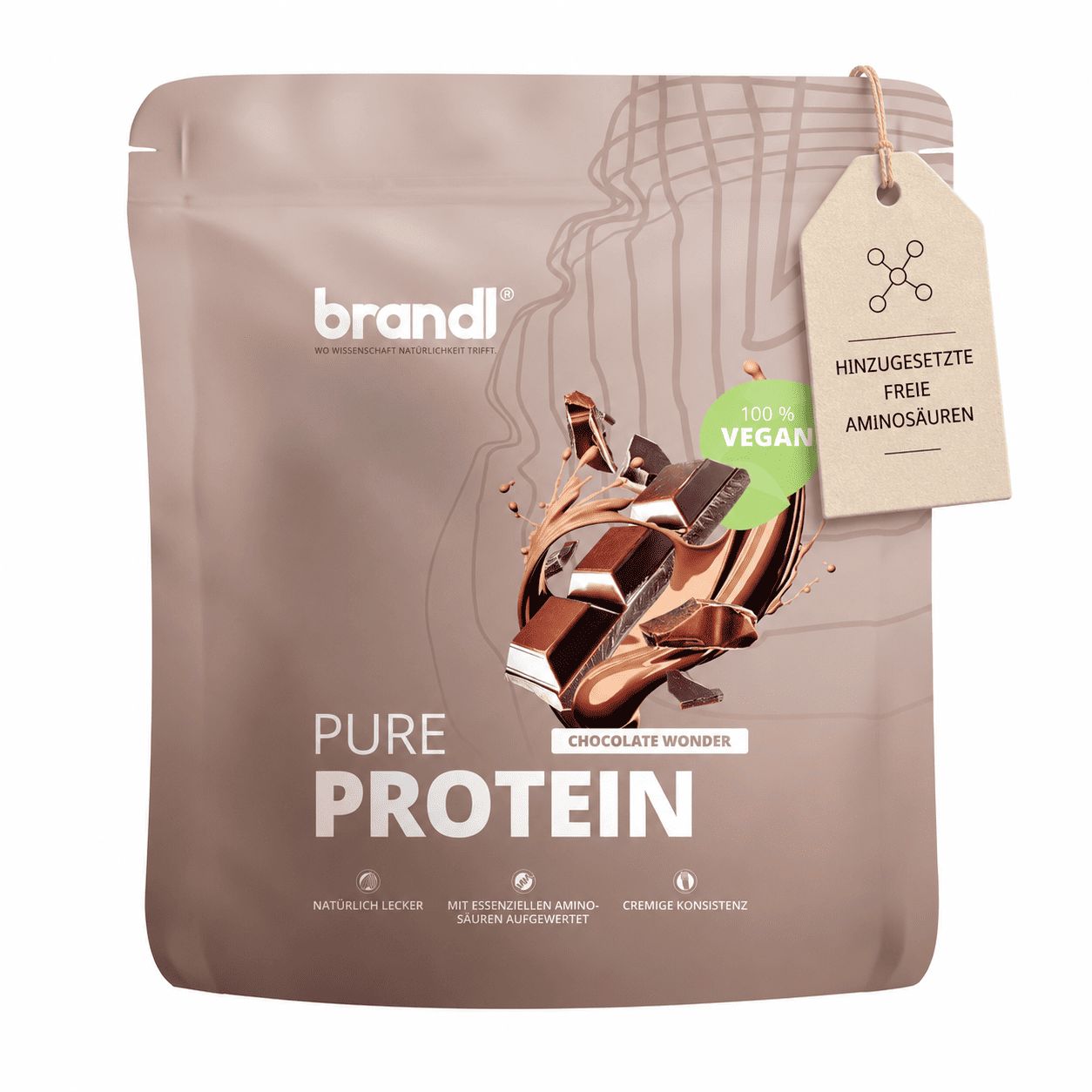 Beutel brandl® Pure Protein, Chocolate Wonder, 100% vegan. Text: Natürlich lecker, ohne künstliche Aromen, cremige Konsistenz.