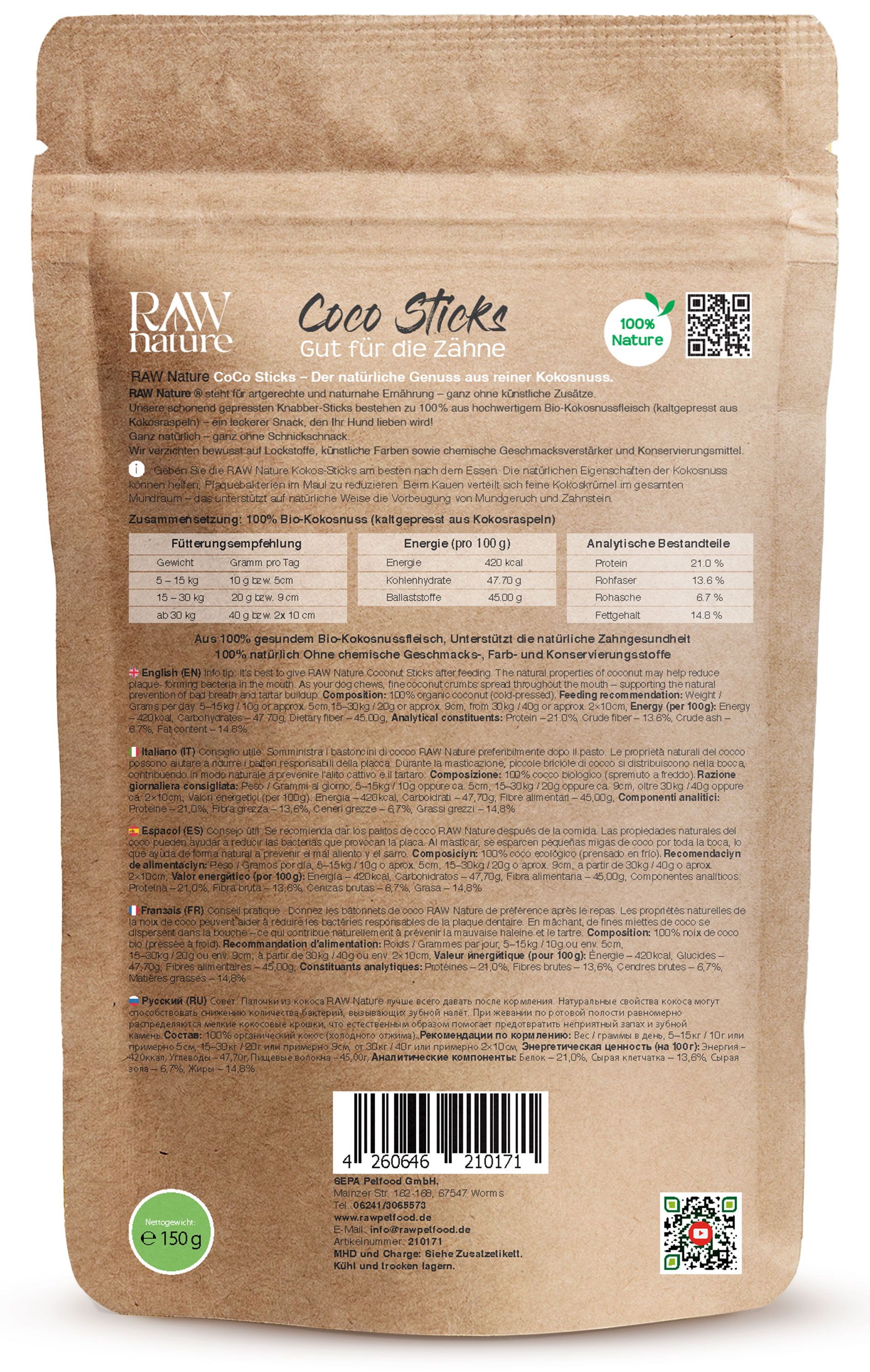Rückseite der Verpackung von Kokos-Sticks. Text in Deutsch, Englisch, Italienisch und Französisch. Nährwertangaben.