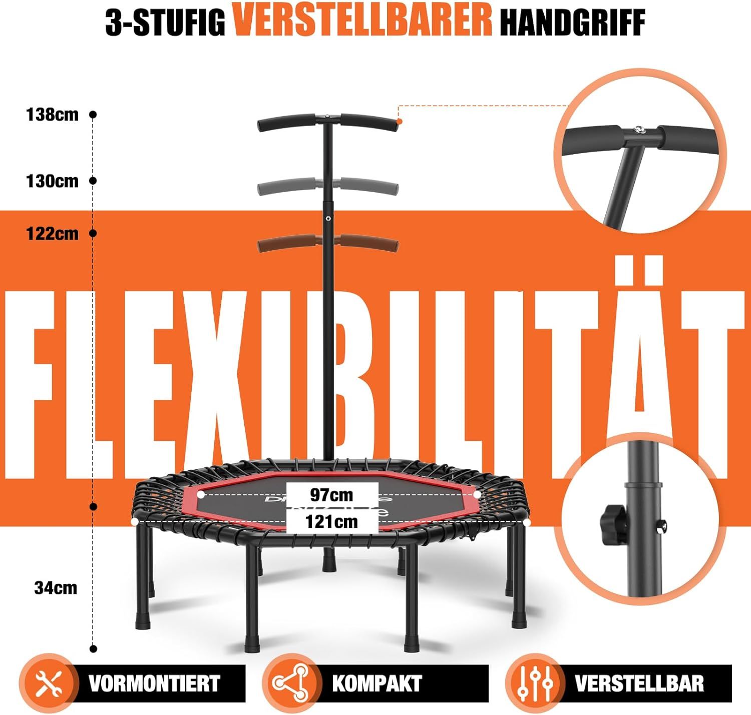 DH FitLife 121cm 48 Zoll klappbar Fitness Trampolin ohne Installation