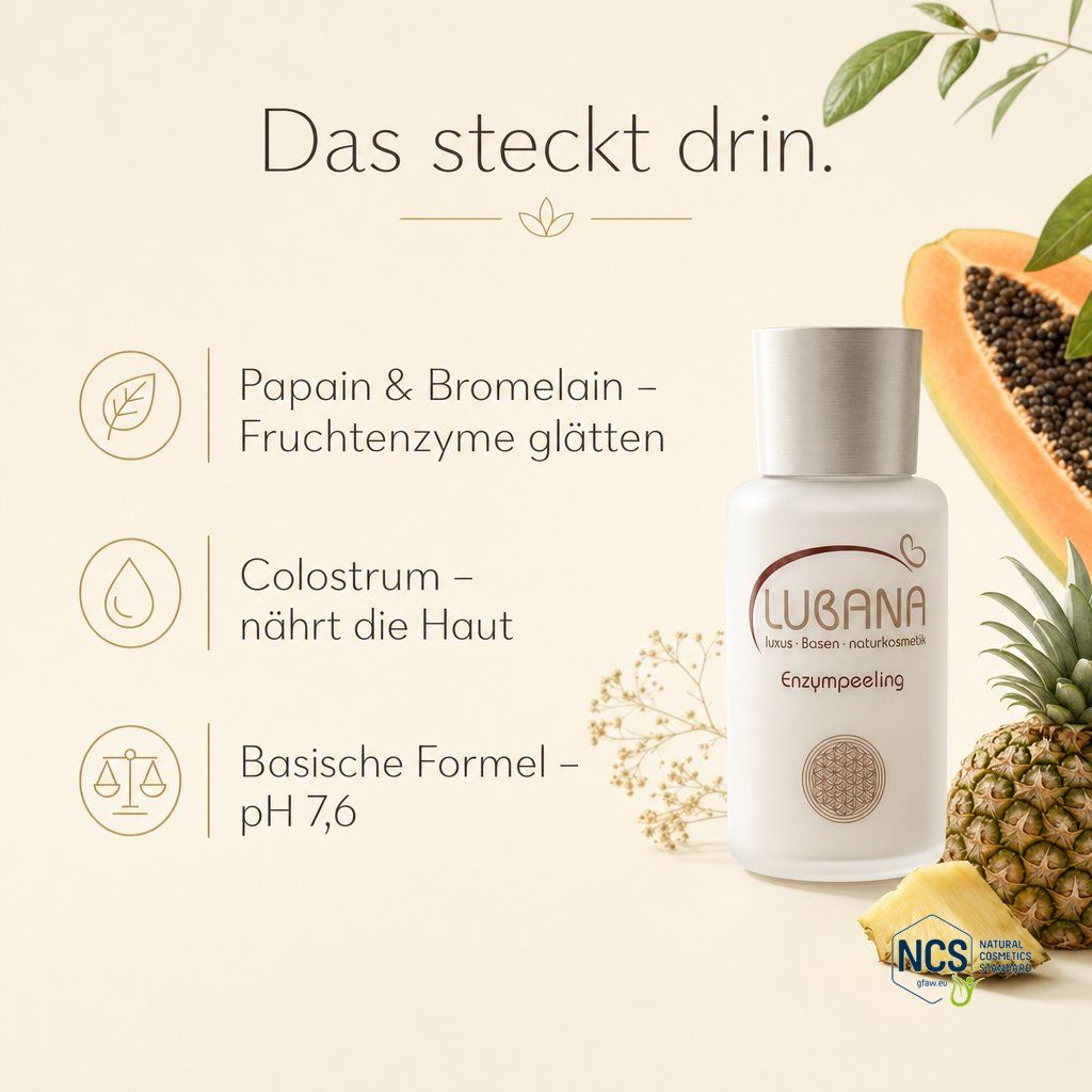 Flasche Lubana Enzympeeling mit Papaya, Ananas und Zutaten-Symbolen.